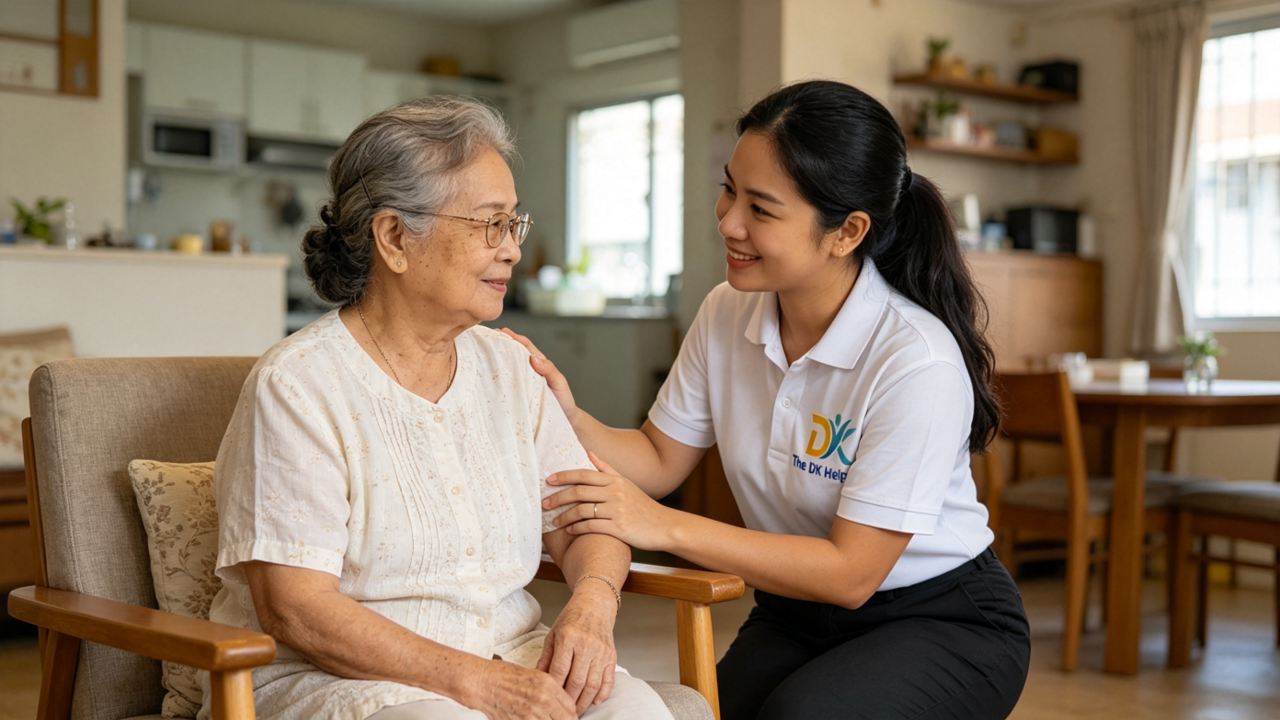 Indonesian domestic helper gently assisting an elderly woman at home in Singapore as part of elderly care support