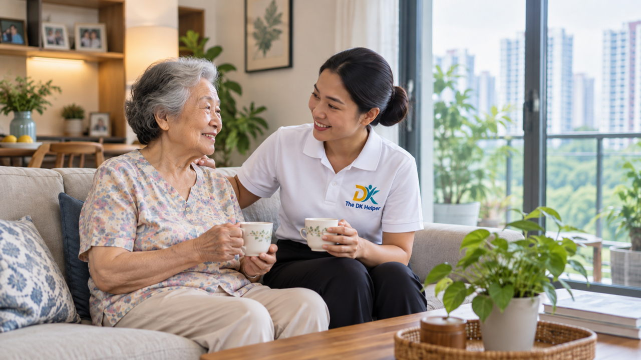 A warm scene of a domestic helper caring for an elderly person at home in Singapore